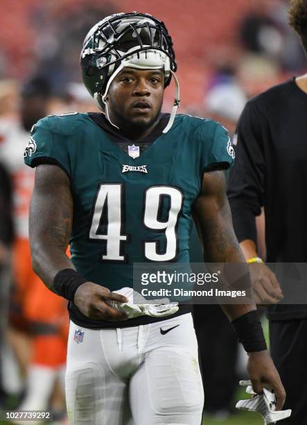 Linebacker Kyle Wilson of the Philadelphia Eagles walks off the field after a preseason game against the Cleveland Browns on August 23, 2018 at...