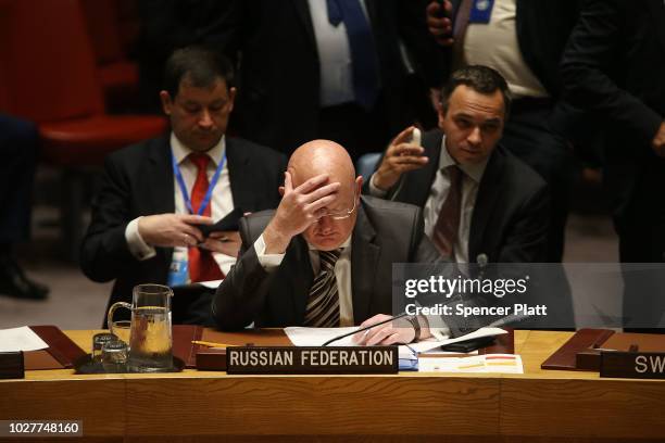 Russia's United Nations Ambassador Vassily Nebenzia attends a U.N. Security Council meeting where the United Kingdom officially announced the latest...
