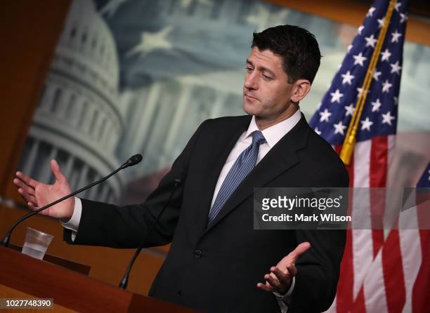 House Speaker Paul Ryan speaks to the media during his weekly news conference at the U.S. Capitol on September 6, 2018 in Washington, DC.