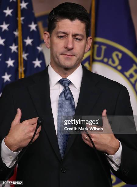 House Speaker Paul Ryan speaks to the media during his weekly news conference at the U.S. Capitol on September 6, 2018 in Washington, DC.