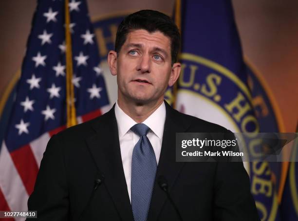 House Speaker Paul Ryan speaks to the media during his weekly news conference at the U.S. Capitol on September 6, 2018 in Washington, DC.