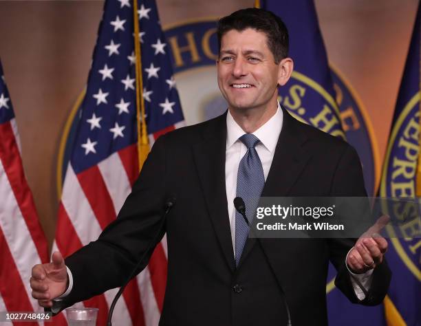 House Speaker Paul Ryan speaks to the media during his weekly news conference at the U.S. Capitol on September 6, 2018 in Washington, DC.