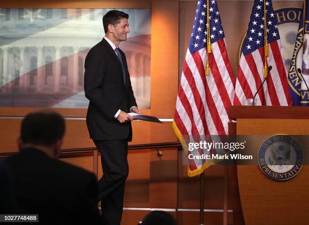 House Speaker Paul Ryan walks up to speak to the media during his weekly news conference at the U.S. Capitol on September 6, 2018 in Washington, DC.