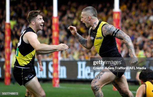 Dustin Martin of the Tigers celebrates a fantastic goal from the boundary with Kane Lambert of the Tigers during the 2018 AFL First Qualifying Final...