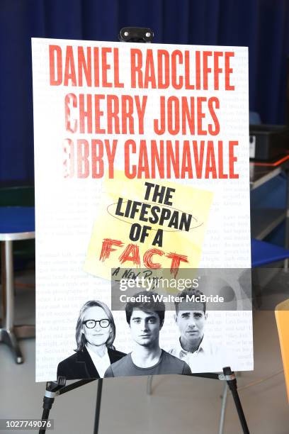Theatre Poster signage during the cast photo call for 'The Lifespan of a Fact' at the New 42nd Street Studios on September 6, 2018 in New York City.