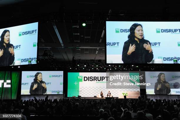 The Chan Zuckerberg Initiative Co-founder Priscilla Chan and moderator Josh Constine speak onstage during Day 2 of TechCrunch Disrupt SF 2018 at...