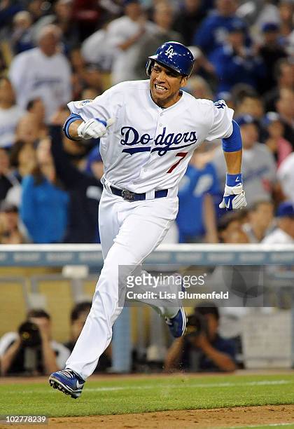 James Loney of the Los Angeles Dodgers runs home to score in the fifth inning against the Chicago Cubs at Dodger Stadium on July 9, 2010 in Los...