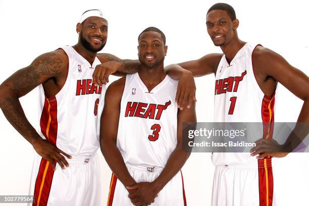 The Miami Heat announce the return of Dwyane Wade and welcome LeBron James and Chris Bosh on July 9, 2010 at American Airlines Arena in Miami,...