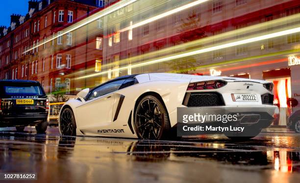 The Lamborghini Aventador, seen on Sloane Street in Knightsbridge, London. This car was one of a whole host of supercars flown over from the middle...