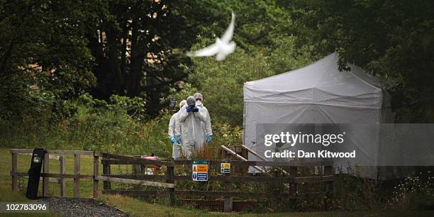 Police forensic officers examine the crime scene where Raoul Moat who had evaded police capture for seven days, shot himself on July 10, 2010 in...