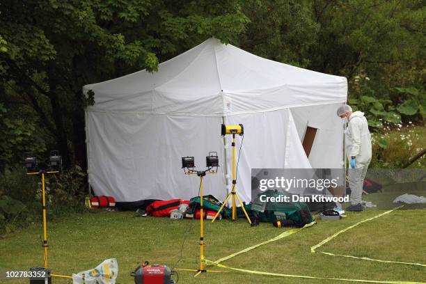 Police forensic officers examine the crime scene where Raoul Moat who had evaded police capture for seven days, shot himself on July 10, 2010 in...