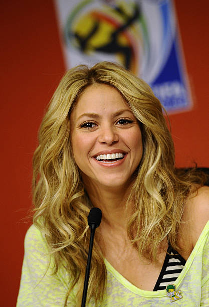Colombian singer Shakira is pictured during a press conference on July 10, 2010 at Soccer City Stadium in Soweto, suburb of Johannesburg, on the eve...