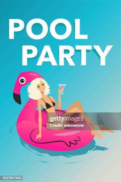 ilustraciones, imágenes clip art, dibujos animados e iconos de stock de mujer en un anillo inflable flamingo - fiesta de piscina