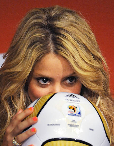 Colombia's singer Shakira holds the Jo'bulani football that will be used for the final of the tournament during a press conference on July 10, 2010...
