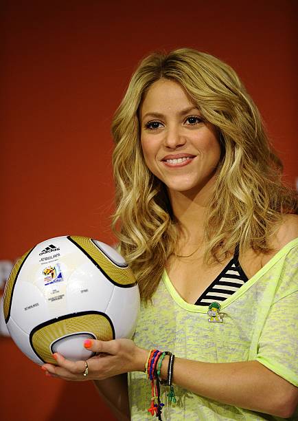 Colombian singer Shakira holds the Jo'bulani football that will be used for the final during a press conference on July 10, 2010 at Soccer City...