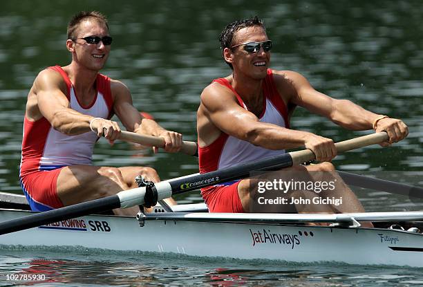 Marko Marjanovic and Nikola Stojic of Serbia compete in the Men's Pair on day two of the Rowing World Cup on July 10, 2010 in Lucerne, Switzerland.