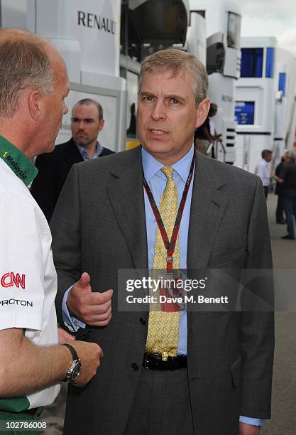 Prince Andrew, Duke of York visits the F1 paddock while attending the qualifying session of the Formula One British Grand Prix at Silverstone on July...