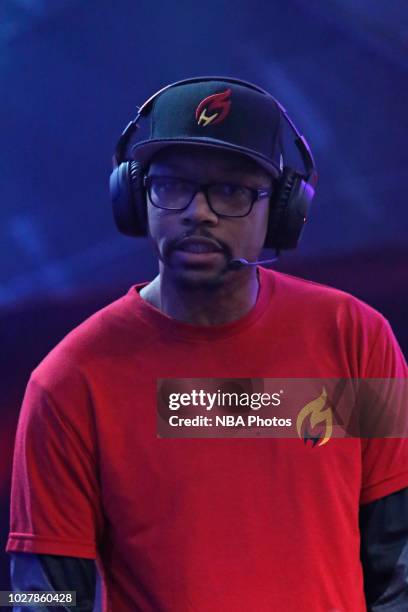 Coach Derric Franklin of Heat Check Gaming looks on during the game against 76ers Gaming Club during the Semifinals of the NBA 2K League Playoffs on...