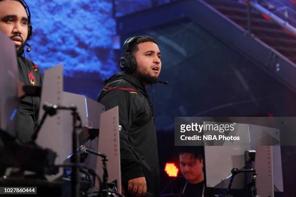 Hotshot of Heat Check Gaming looks on during the game against 76ers Gaming Club during the Semifinals of the NBA 2K League Playoffs on August 18,...