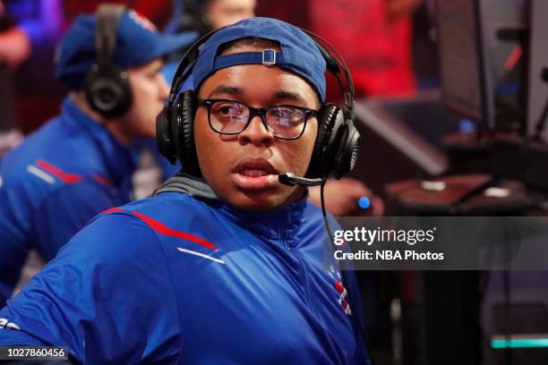 Of 76ers Gaming Club stares on during the game against Heat Check Gaming during the Semifinals of the NBA 2K League Playoffs on August 18, 2018 at...