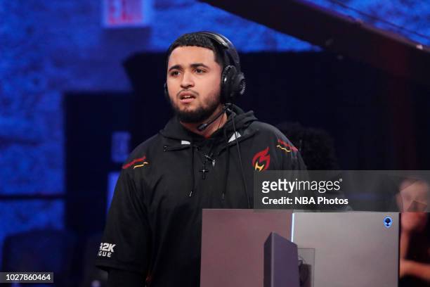 Hotshot of Heat Check Gaming reacts in disbelief during the game against 76ers Gaming Club during the Semifinals of the NBA 2K League Playoffs on...