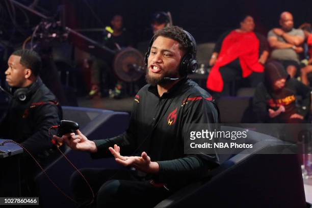 MaJes7ic of Heat Check Gaming communicates during the game against 76ers Gaming Club during the Semifinals of the NBA 2K League Playoffs on August...