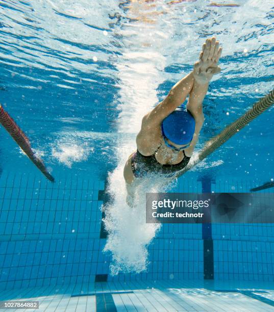 scatto subacqueo di giovani donne che si tuffano in acqua e iniziano la gara - nuoto foto e immagini stock