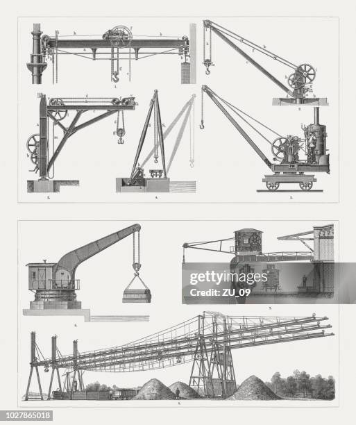 various historical crane systems, wood engravings, published in 1897 - hoisted stock illustrations