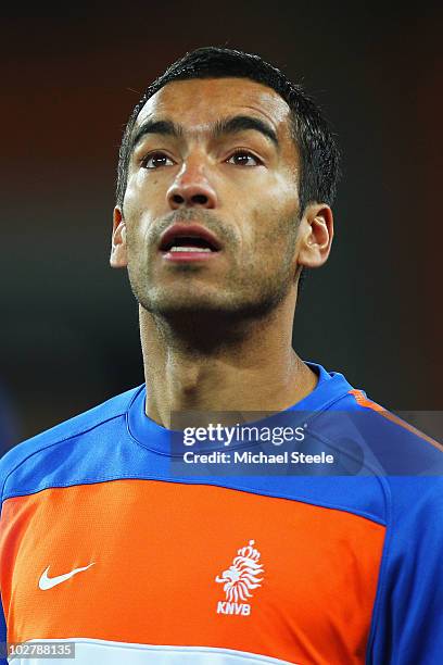 Giovanni Van Bronckhorst, captain of the Netherlands, looks on during a Netherlands training session, ahead of the 2010 FIFA World Cup Final, at...