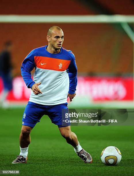 Wesley Sneijder of the Netherlands in action during a Netherlands training session, ahead of the 2010 FIFA World Cup Final, at Soccer City Stadium on...