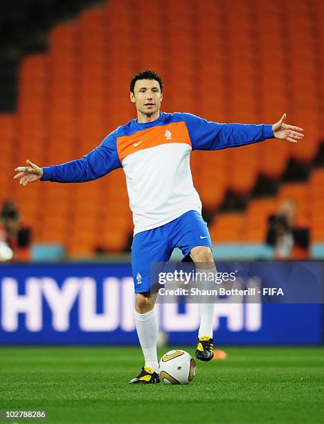 Mark Van Bommel of the Netherlands gestures during a Netherlands training session, ahead of the 2010 FIFA World Cup Final, at Soccer City Stadium on...