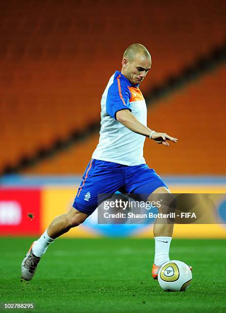 Wesley Sneijder of the Netherlands in action during a Netherlands training session, ahead of the 2010 FIFA World Cup Final, at Soccer City Stadium on...