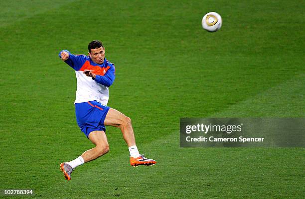 Khalid Boulahrouz of the Netherlands in action during a Netherlands training session, ahead of the 2010 FIFA World Cup Final, at Soccer City Stadium...