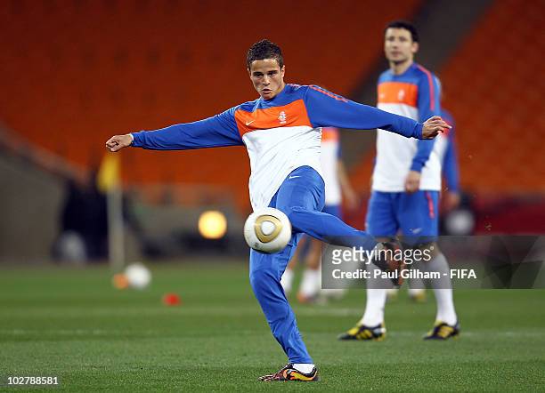 Ibrahim Afellay of the Netherlands shoots during a Netherlands training session, ahead of the 2010 FIFA World Cup Final, at Soccer City Stadium on...