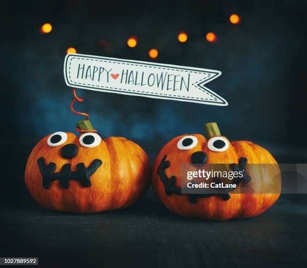 cute pumpkin character twins with handmade expressions and sign - hello october stock pictures, royalty-free photos & images