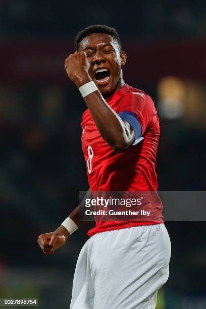 David Alaba of Austria celebrating his goal to 2 : 0 during the International Friendship game between Austria and Sweden at the Generali Arena on...