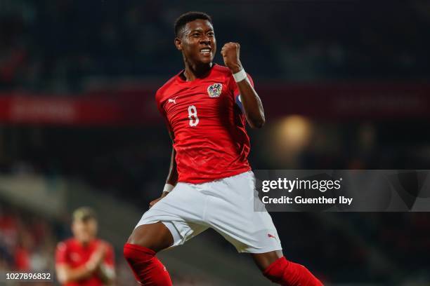 David Alaba of Austria celebrating his goal to 2 : 0 during the International Friendship game between Austria and Sweden at the Generali Arena on...