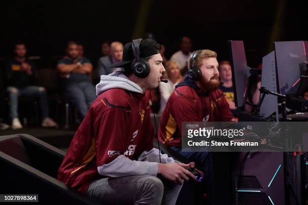 Hood and ToXsiK of Cavs Legion Gaming Club stares on during the game against Knicks Gaming during the Semifinals of the NBA 2K League Playoffs on...