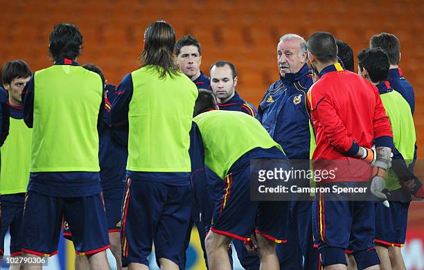 Vicente del Bosque Head Coach of Spain issues instructions to his players during a Spain training session, ahead of the 2010 FIFA World Cup Final, at...