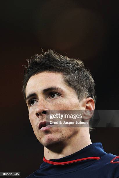 Fernando Torres of Spain looks on during a Spain training session, ahead of the 2010 FIFA World Cup Final, at Soccer City Stadium on July 10, 2010 in...