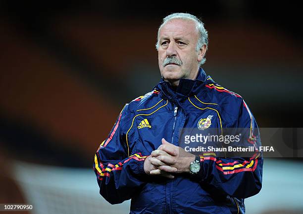 Vicente del Bosque head coach of Spain looks thoughtful during a Spain training session, ahead of the 2010 FIFA World Cup Final, at Soccer City...