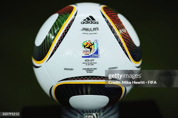 The official Jabulani matchball ahead of the 2010 FIFA World Cup South Africa Third Place Play-off match between Uruguay and Germany at The Nelson...