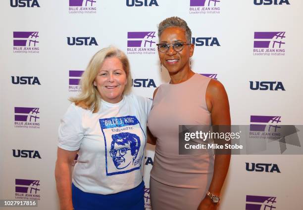 Stacy Allaster, CEO of the Women's Tennis Association, and Katrina Adams, President and CEO of the USTA, smile at the Billie Jean King Leadership...