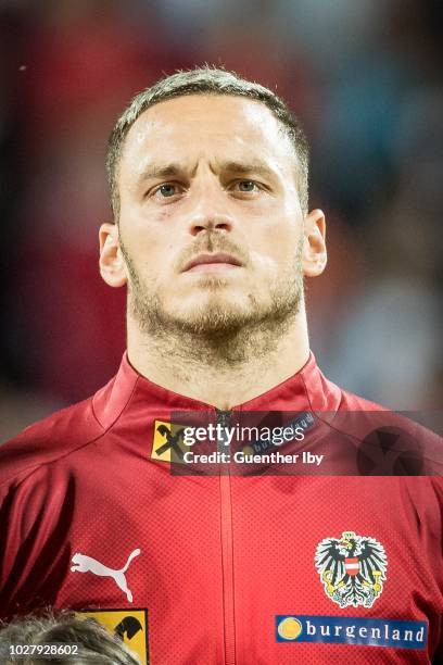 Marko Arnautovic of Austria looks on prior to the International Friendship game between Austria and Sweden at the Generali Arena on September 06,...