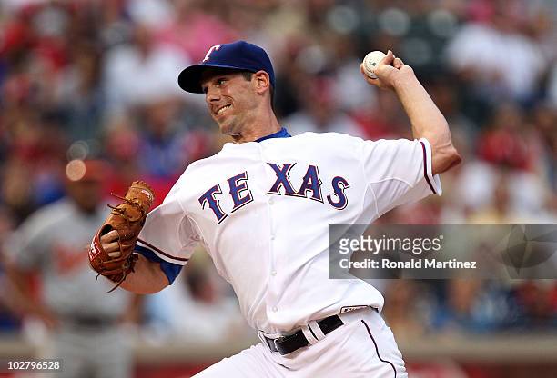 Pitcher Cliff Lee of the Texas Rangers throws against the Baltimore Orioles on July 10, 2010 at Rangers Ballpark in Arlington, Texas.