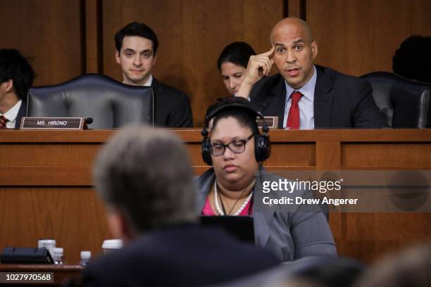 Sen. Cory Booker questions Supreme Court nominee Judge Brett Kavanaugh before the Senate Judiciary Committee on the third day of his Supreme Court...