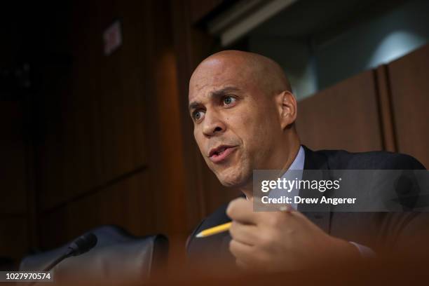 Sen. Cory Booker questions Supreme Court nominee Judge Brett Kavanaugh before the Senate Judiciary Committee on the third day of his Supreme Court...