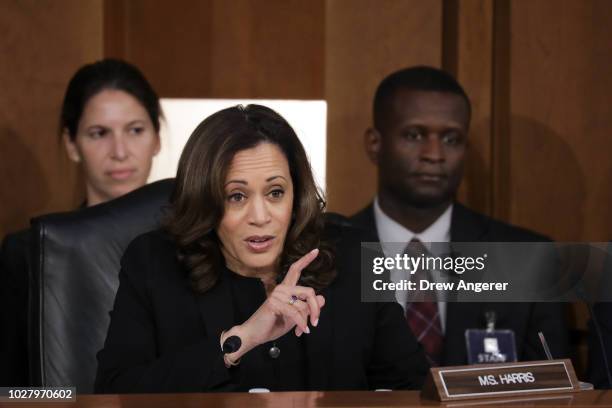 Sen. Kamala Harris questions Supreme Court nominee Judge Brett Kavanaugh before the Senate Judiciary Committee on the third day of his Supreme Court...