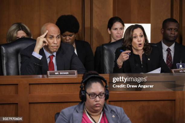 Sen. Cory Booker looks on as Sen. Kamala Harris questions Supreme Court nominee Judge Brett Kavanaugh before the Senate Judiciary Committee on the...