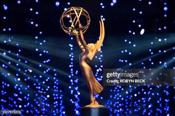 This photo shows an Emmy statuette at the 70th Emmy Awards Governors Ball press preview at LA Live Event Deck on September 6, 2018 in Los Angeles,...